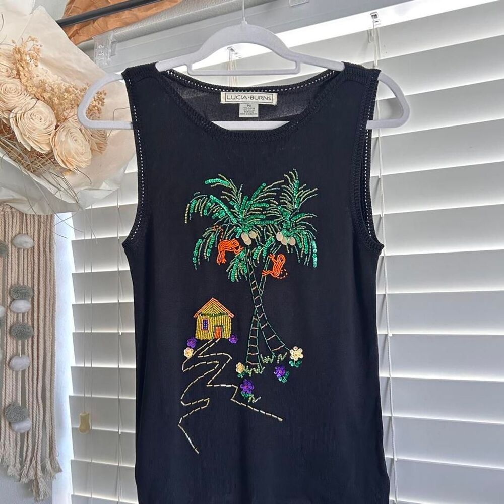 Vintage Lucia Burns Black Beaded Tropical Palm Tree Tank Top Y2K Size Small